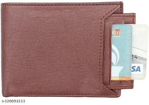 Brown PU two-fold wallet with 5 compartments for men and boys. Textured body, 3 card slots, 2 hidden pockets, 2 cash compartments, 1 coin pocket. Perfect gift accessory for a man. Durable, compact, and lightweight with bi-fold closure. Made in India