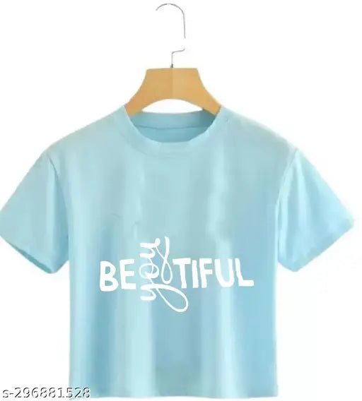 Sky blue cotton blend crop top, women's Beautiful You printed design for body positivity and self-love