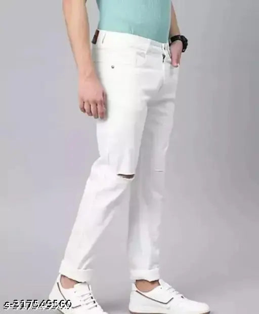 White denim knee-slit jeans by MOD MEN, size 32 with a ripped net pattern and 28" waist, 36" hip, and 41" length