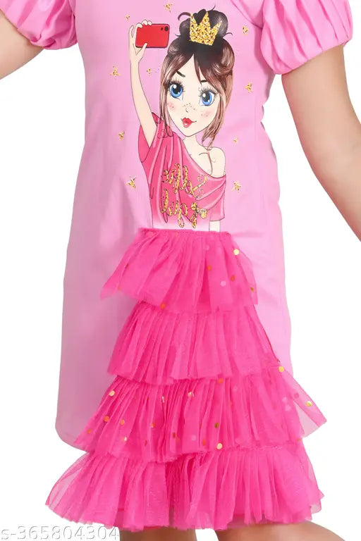Pink cotton blend doll printed frock dress for girls, featuring a playful design perfect for playtime and parties. Made in India