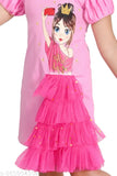 Pink cotton blend doll printed frock dress for girls, featuring a playful design perfect for playtime and parties. Made in India