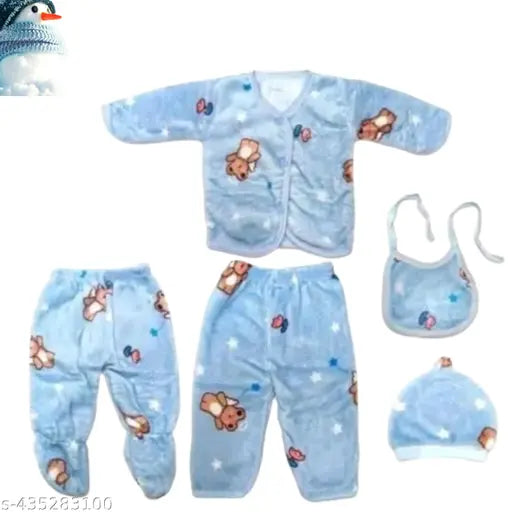 Modern silk-blend 5pc winter suit, printed design for newborns - cap included (India)