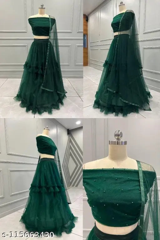 Fancy net silk Lehenga Choli with embroidered top, solid dupatta, semi-stitched, up to 39 inch waist size, 41 inch height, 2.2 meter length, ready to ship, Indian origin