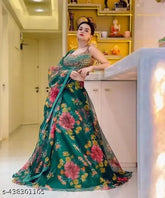 Green miror work digital printed lehenga choli with floral net dupatta, embellished topwear on model