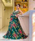 Green miror work digital printed lehenga choli with floral net dupatta, embellished topwear on model