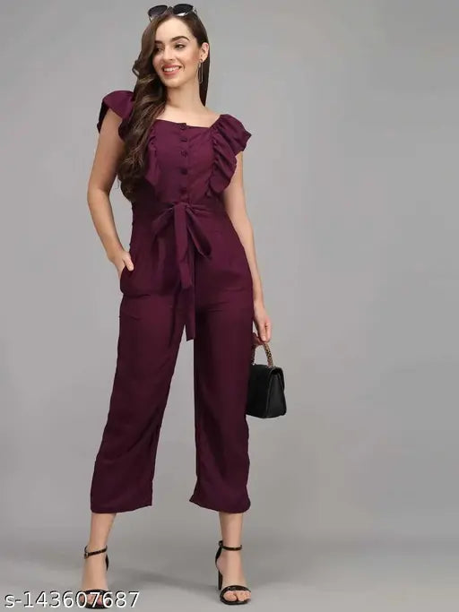 Sleeveless poly crepe jumpsuit for women, solid net design - XS/S size, Indian origin