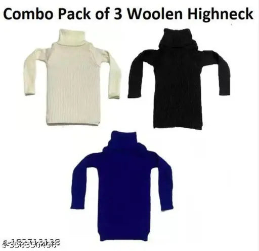 Winter wool highneck skivis for kids - pack of 3, solid color, long sleeves
