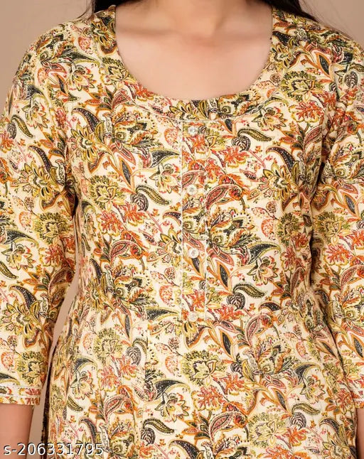 Multicolor rayon Anarkali kurti with three-quarter sleeves and printed combo pattern. Colorful Indian traditional kurti on dress form, size M (38in bust), suitable for women's fashion