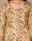 Multicolor rayon Anarkali kurti with three-quarter sleeves and printed combo pattern. Colorful Indian traditional kurti on dress form, size M (38in bust), suitable for women's fashion