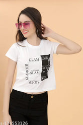 White women's stylish cotton lycra crop top (size S), printed net design with round neck, suitable for western clothing and fashion-conscious women