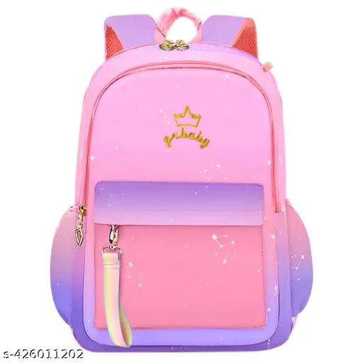 Purple gradient nylon school backpack for girls ages 6-12, free size (17x12 inches), durable design on display