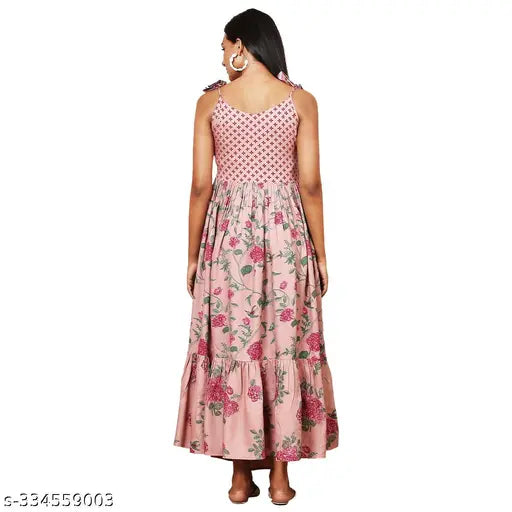 Rayon sleeveless printed Anarkali kurti for women's ethnic wear, trendy and festive party gown, knot details