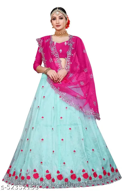 Embroidered dupion silk lehenga with net duppata, intricate thread work and cutwork broderie in semi-stitched style, India origin