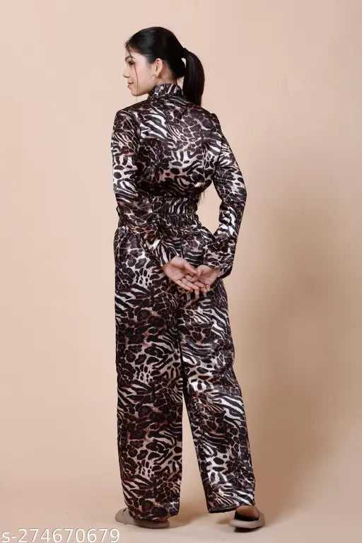 Satin leopard print women's coord set, featuring a long-sleeved top and wide-leg pants with high waist, Made in India