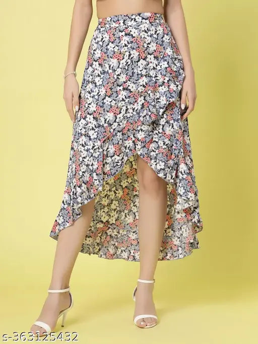 Multicolor printed net high-low wrap skirt, elastic waist, abstract design by OOMPH. XS size (waist 30in, length 38in, hip 32in), handmade in India