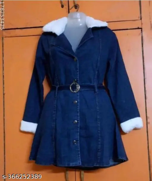 Denim soft fur jacket for girls, long sleeves, free belt in solid pattern. Girls fashion accessory on mannequin." (120 characters)