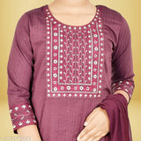 Embroidered A-line Salwar Suit Set in Art Silk, 6-7 years, Indian embroidery on display