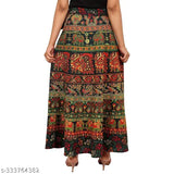 Women's bohemian cotton maxi skirt, printed net traditional wrap-around style - free size (waist 40in, length 45in), India origin