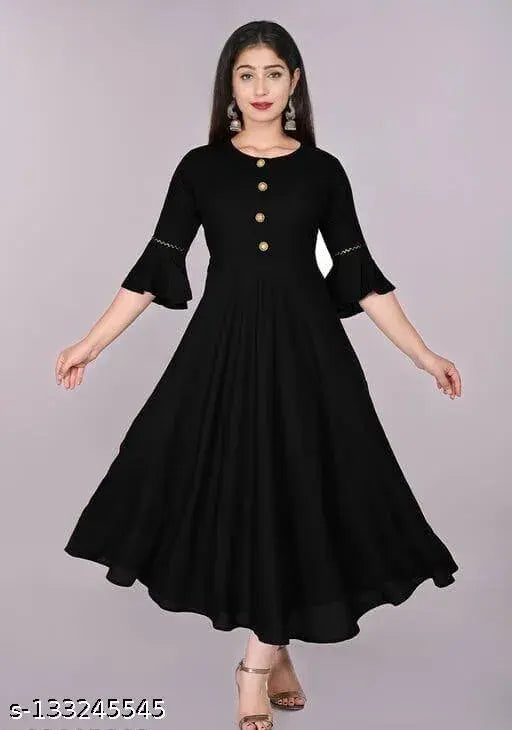 Black Rayon Anarkali Kurta, solid design, traditional Indian motifs, three-quarter sleeves, formal occasion wear