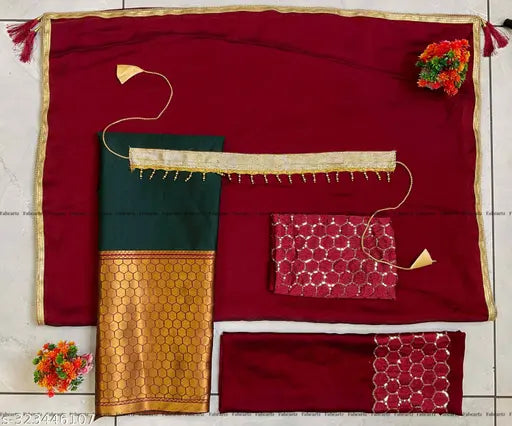 Art Silk half saree set, embroidered with sequins and lace, South Indian style for women (un-stitched: Lehenga waist size 40in, 42in length, Duppatta 2.5in length) from India