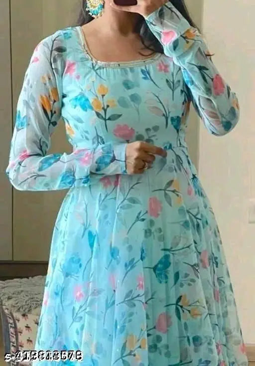 Georgette print dress, long sleeves, women's size M-XXXL. Indian designer clothing on model