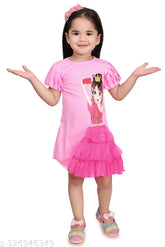 Modern pink cotton blend knee-length party dress, embellished net, round neck, fit and flare style for girls 6-8 years