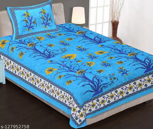 Summer-ready, 100% cotton botanical print single bedsheet & pillow cover (144 TC, 150x220 cm)