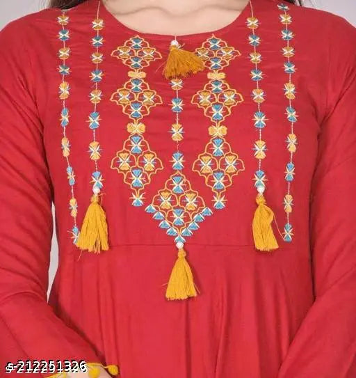 Embellished viscose rayon Anarkali Kurta for women, three-quarter sleeves, embroidered pattern, India origin