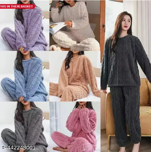 Woolen winter night suits for women, warm fleece round pajama set with long sleeves, eco-friendly wool sleepwear in multiple sizes