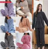 Woolen winter night suits for women, warm fleece round pajama set with long sleeves, eco-friendly wool sleepwear in multiple sizes