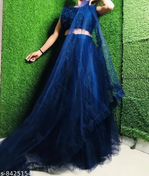 Blue acrylic and net lehenga set with embellished top, ruffle dupatta, suitable for parties and functions