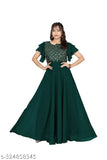 Green Georgette embellished gown for women, short sleeves with embroidery detail, India-origin fashion