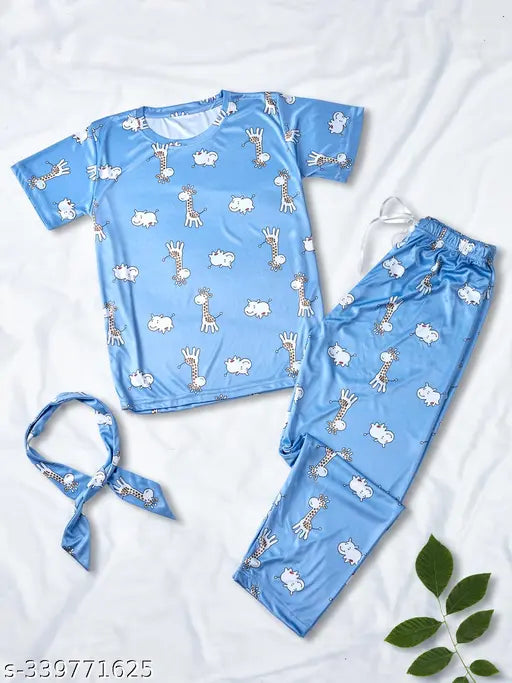Giraffe print skyblue night suit set: soft silk t-shirt, pajamas, and shorts with drawstring elastic waistbands