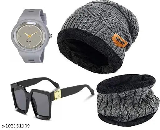 Striped wool winter cap, scarf, analog watch, sun-protected sunglasses set for men & boys - Indian handcrafted