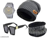 Striped wool winter cap, scarf, analog watch, sun-protected sunglasses set for men & boys - Indian handcrafted