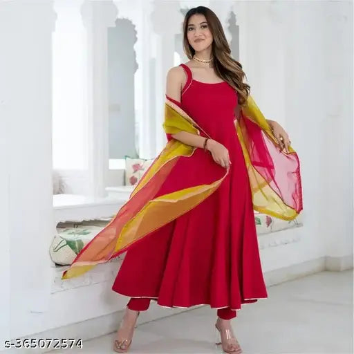 Pink rayon kurta set with dupatta and pants, solid net pattern in shades of flowers. Indian apparel for women's fashion in sizes XS-XXL