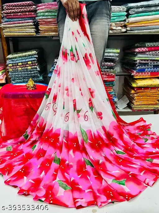 Multi-colored Georgette saree with printed blouse, Indian ethnic wear for women, high-quality fabric