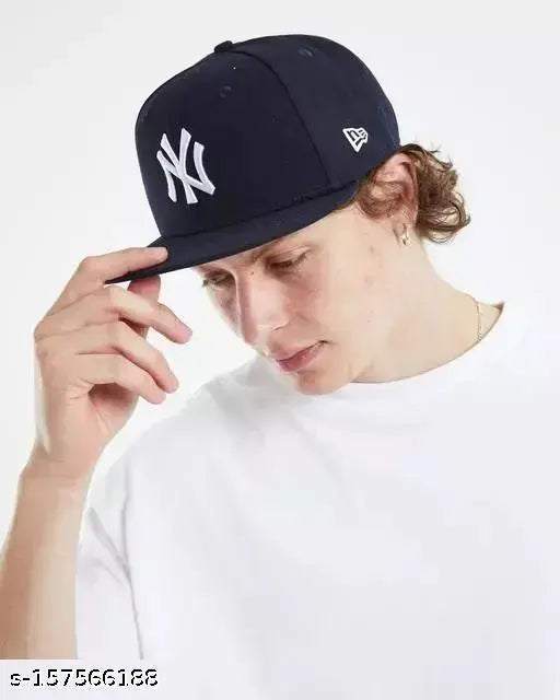 Stylish, sporty cotton embroidered hiphop cap for men & boys, printed net design on display stand (India)