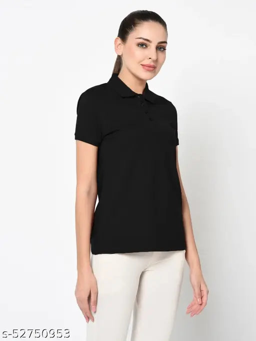 Black cotton polo neck t-shirt for women by SHARKTRIBE, solid design with short sleeves