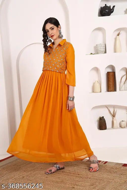 Mustard Georgette embroidered Anarkali kurta, traditional Indian women's fashion with three-quarter sleeves