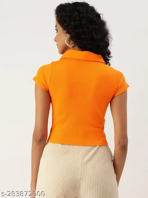 Cotton rib, solid pattern, ladies trendy crop T-shirts - Indian made fashion for women