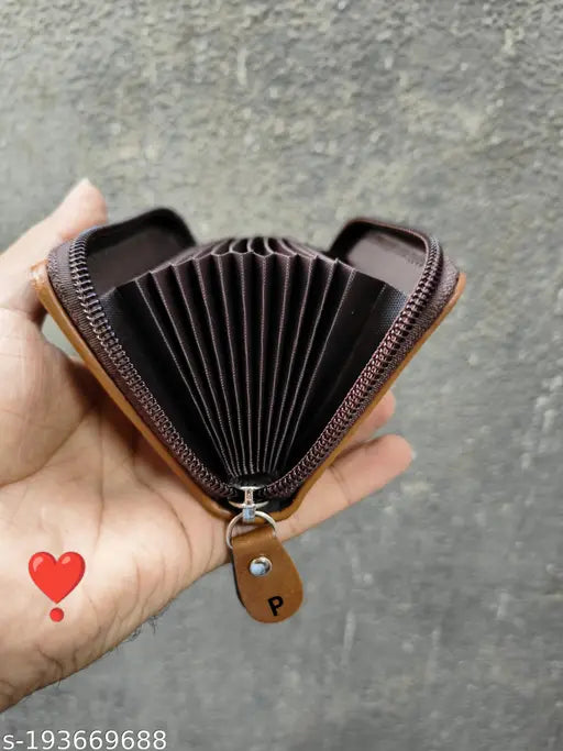 Brown faux leather zipper card holder with 11 slots, ideal for men and women's moneycoin storage on-the-go
