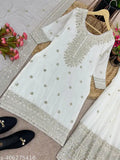 White silk Chinon replika sharar Kurta with dupatta and bottomwear, embroidered sequin work, three-quarter sleeves. Inner: heavy micro cotton. Ready-to-wear. Gharara in pure Chinnon silk with elastic, full stitched. Dupatta in pure Chinnon silk with lace border. Indian origin