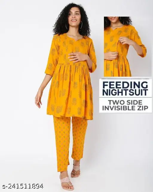 Rayon maternity night suits for women and girls (top & bottom), printed net design, soft, breathable, comfortable with double zip protection, India origin