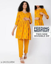 Rayon maternity night suits for women and girls (top & bottom), printed net design, soft, breathable, comfortable with double zip protection, India origin