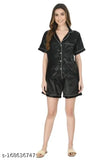 Indian-made satin nightwear set: Half sleeve shorts top and relaxed fit pajamas for women in solid color, great as a gift