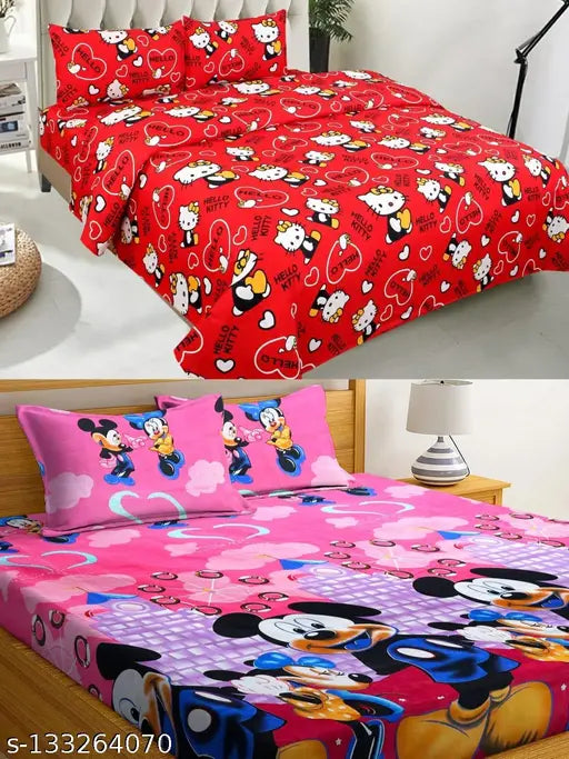 Microfiber king size double bedsheets combo pack of 2 with cartoon prints & 4 pillow covers, ideal for adults in mild winter seasons