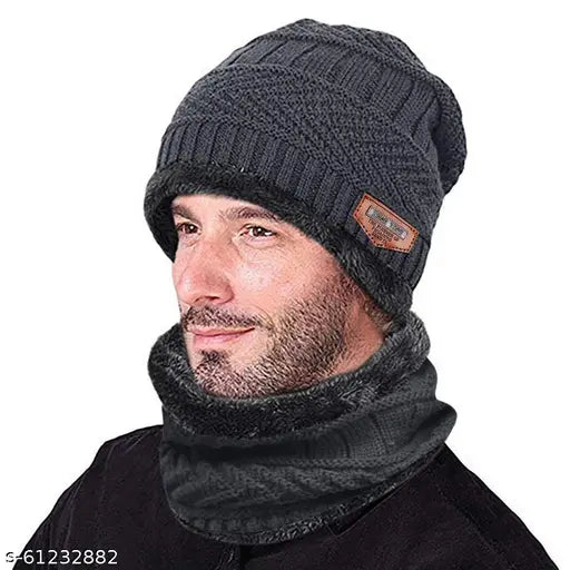 Grey wool unisex knitted beanie cap set with neck warmer - 3 pieces, ideal for winter