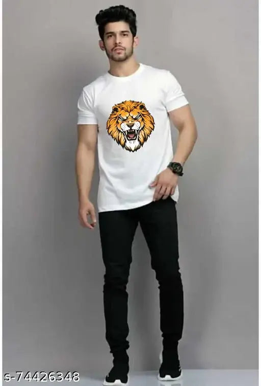 Men's trending designer polyester t-shirt, short sleeves, printed pattern, size S, M, L, XL. Modern men's fashion tee on hanger
