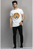 Men's trending designer polyester t-shirt, short sleeves, printed pattern, size S, M, L, XL. Modern men's fashion tee on hanger
